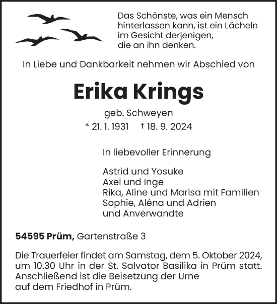 Traueranzeige von Erika Krings von trierischer_volksfreund