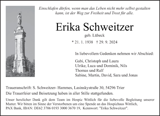 Traueranzeige von Erika Schweitzer von trierischer_volksfreund