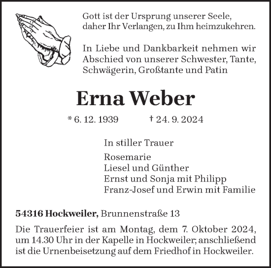 Traueranzeige von Erna Weber von trierischer_volksfreund