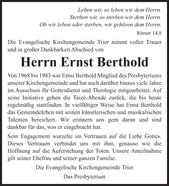 Traueranzeige von Ernst Berthold von trierischer_volksfreund