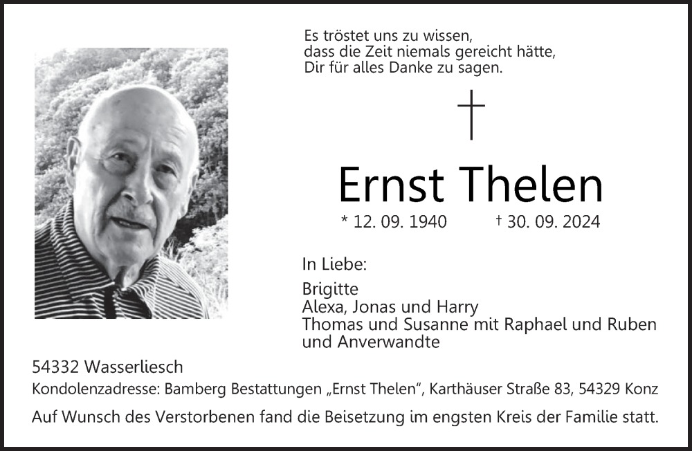  Traueranzeige für Ernst Thelen vom 12.10.2024 aus trierischer_volksfreund