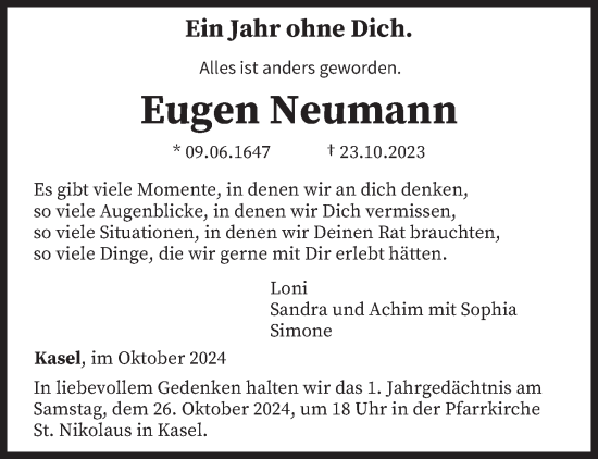 Traueranzeige von Eugen Neumann von trierischer_volksfreund