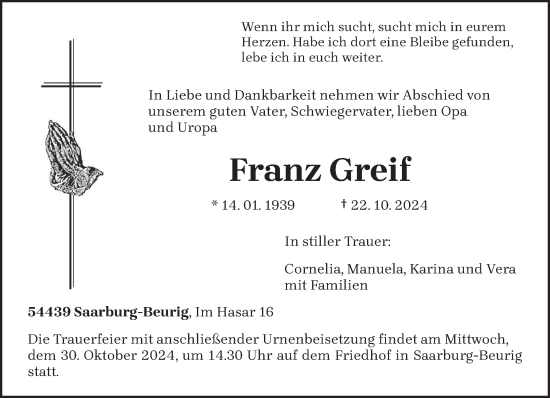 Traueranzeige von Franz Greif von trierischer_volksfreund