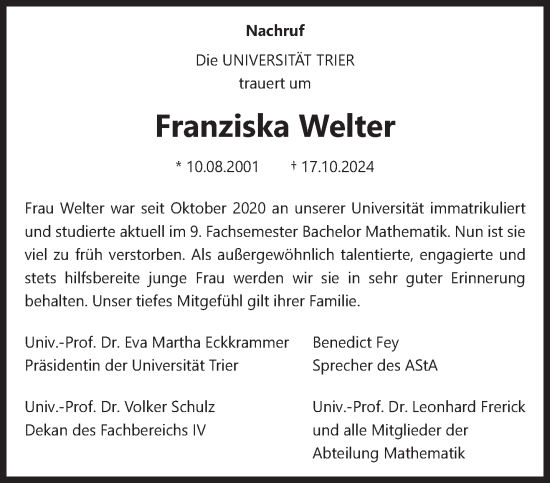 Traueranzeige von Franziska Welter von trierischer_volksfreund