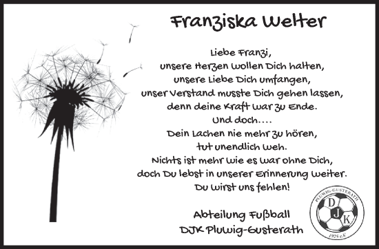 Traueranzeige von Franziska Welter von trierischer_volksfreund