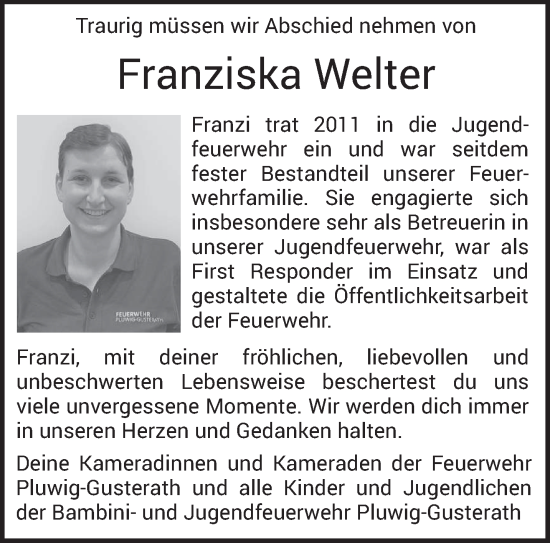 Traueranzeige von Franziska Welter von trierischer_volksfreund