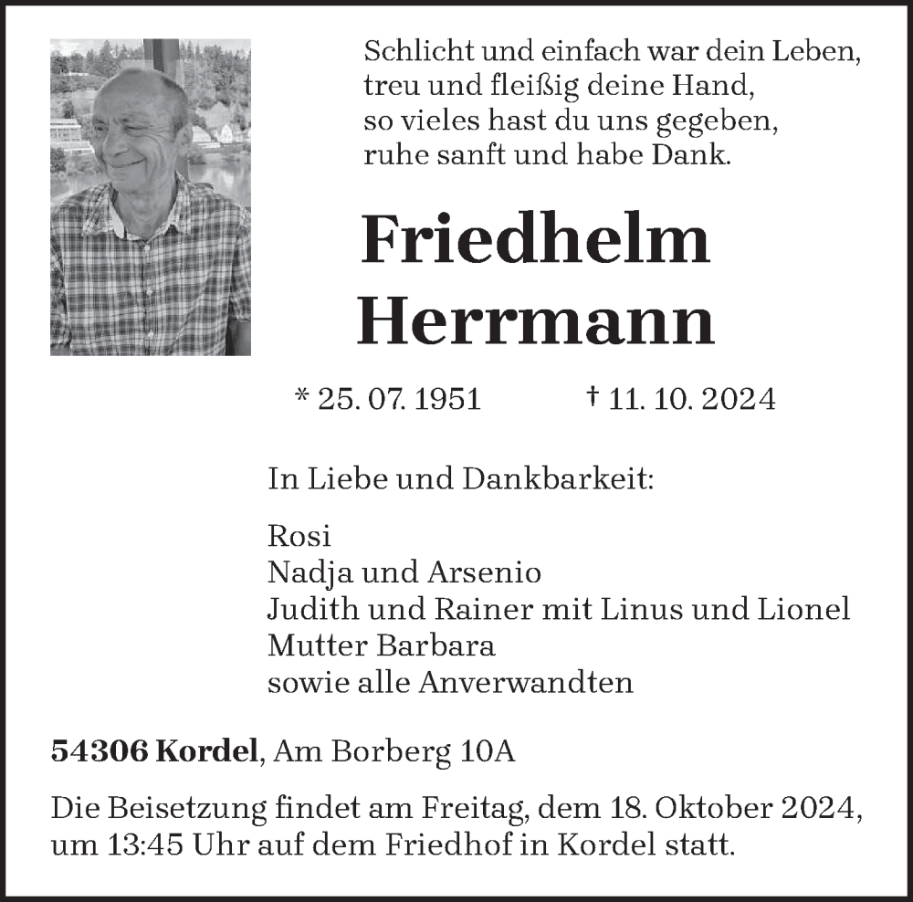  Traueranzeige für Friedhelm Herrmann vom 16.10.2024 aus trierischer_volksfreund