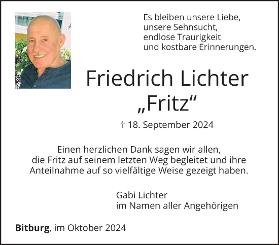 Traueranzeige von Friedrich Lichter von trierischer_volksfreund