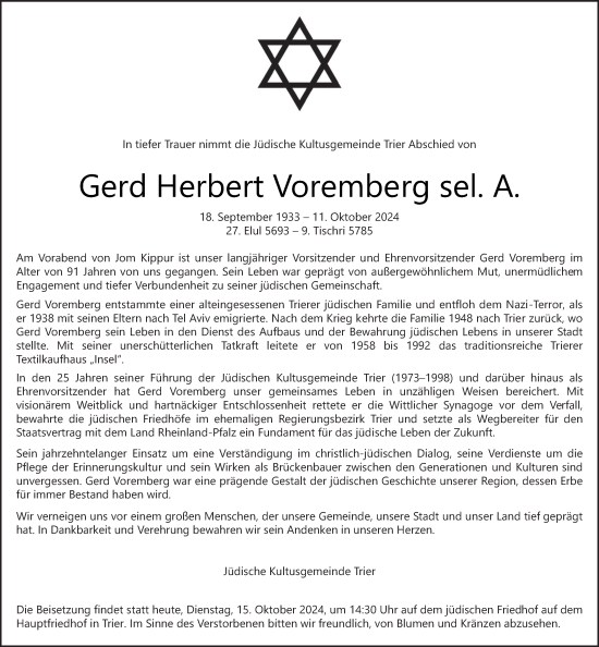 Traueranzeige von Gerd Herbert Voremberg von trierischer_volksfreund