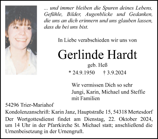 Traueranzeige von Gerlinde Hardt von trierischer_volksfreund