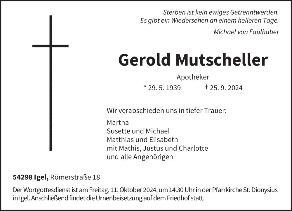  Traueranzeige für Gerold Mutscheller vom 05.10.2024 aus trierischer_volksfreund