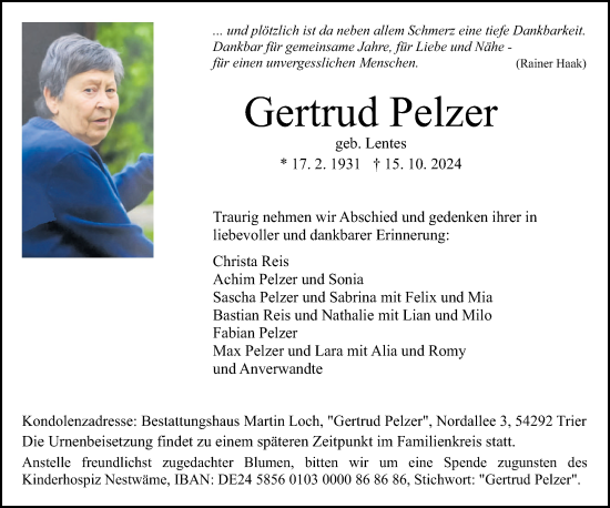 Traueranzeige von Gertrud Pelzer von trierischer_volksfreund