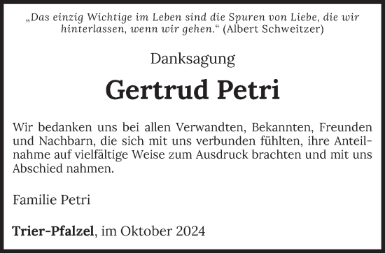 Traueranzeige von Gertrud Petri von trierischer_volksfreund
