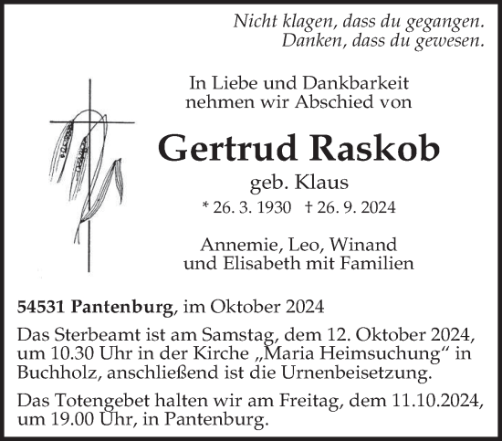 Traueranzeige von Gertrud Raskob von trierischer_volksfreund