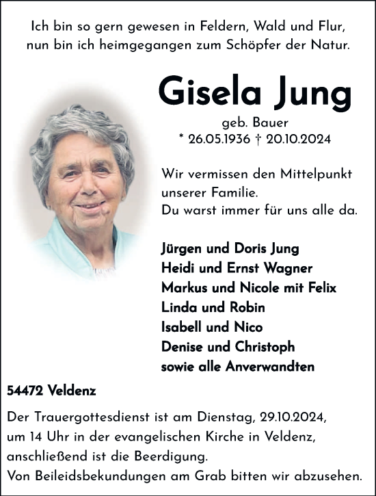 Traueranzeige von Gisela Jung von trierischer_volksfreund