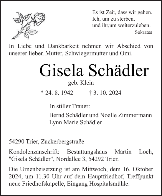 Traueranzeige von Gisela Schädler von trierischer_volksfreund