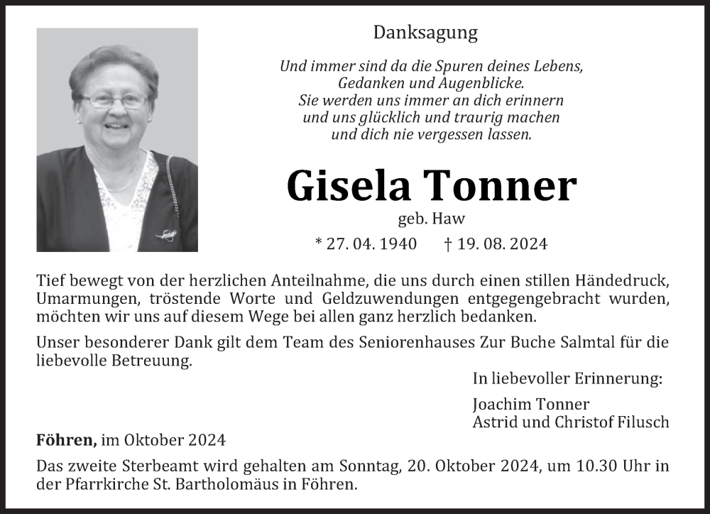  Traueranzeige für Gisela Tonner vom 05.10.2024 aus trierischer_volksfreund