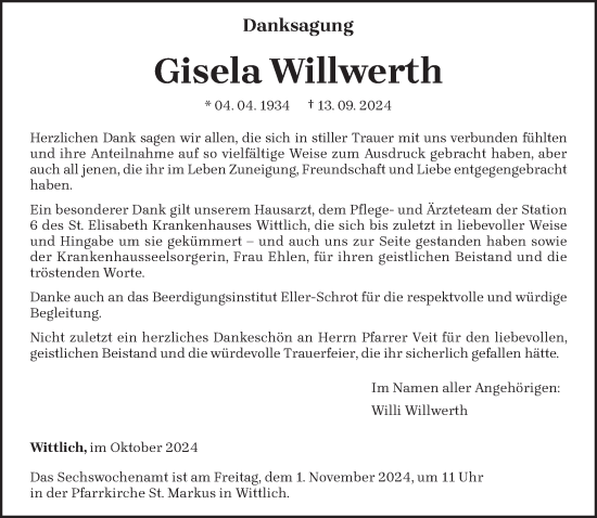 Traueranzeige von Gisela Willwerth von trierischer_volksfreund