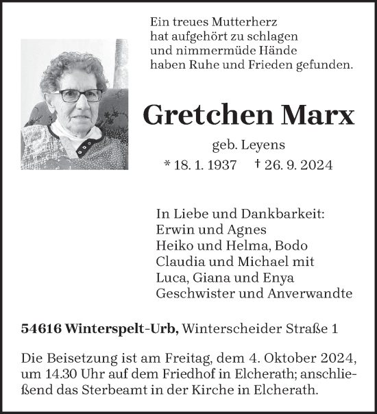 Traueranzeige von Gretchen Marx von trierischer_volksfreund