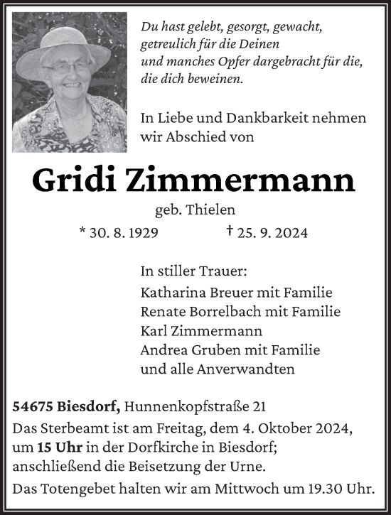 Traueranzeige von Gridi Zimmermann von trierischer_volksfreund