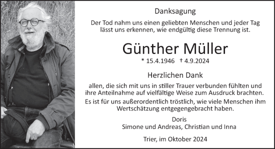 Traueranzeige von Günther Müller von trierischer_volksfreund