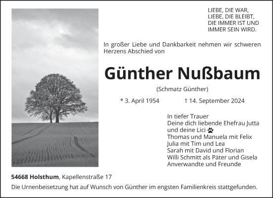 Traueranzeige von Günther Nußbaum von trierischer_volksfreund