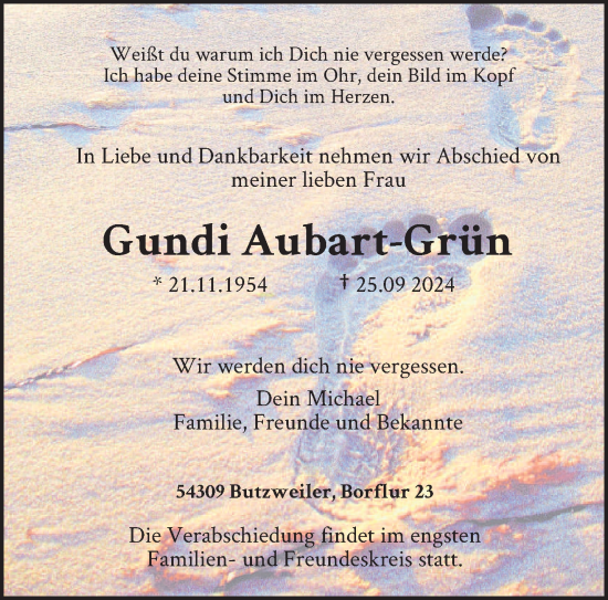 Traueranzeige von Gundi Aubart-Grün von trierischer_volksfreund