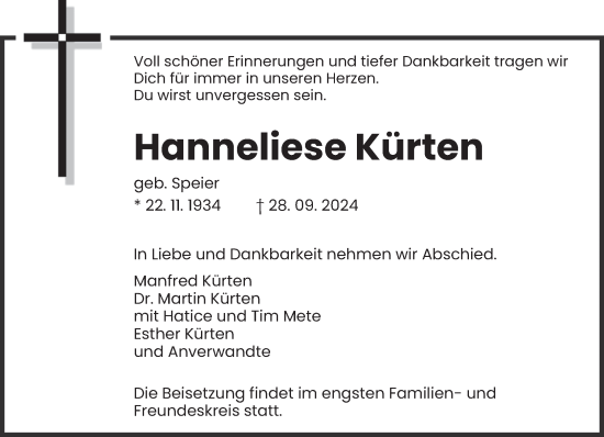 Traueranzeige von Hanneliese Kürten von trierischer_volksfreund