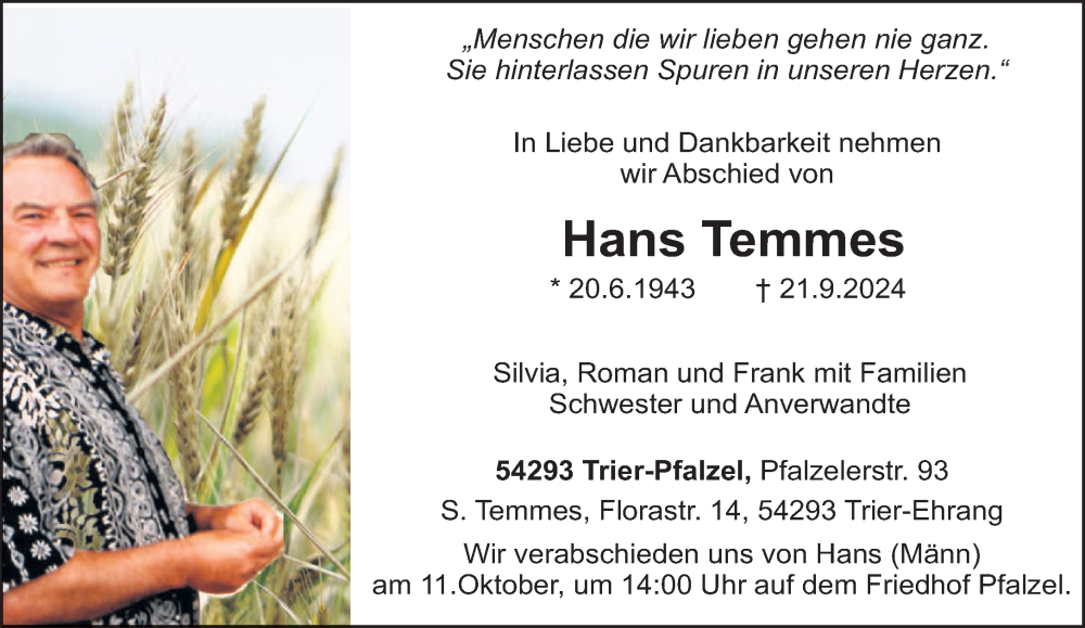  Traueranzeige für Hans Temmes vom 05.10.2024 aus trierischer_volksfreund