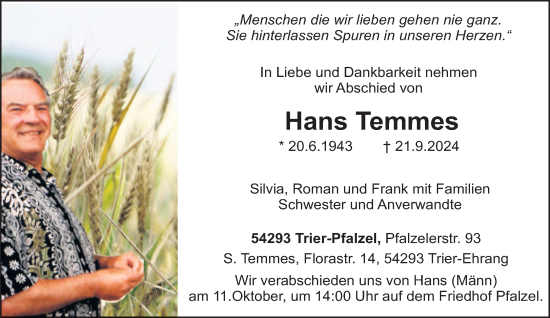 Traueranzeige von Hans Temmes von trierischer_volksfreund