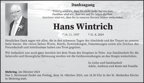 Traueranzeige von Hans Wintrich von trierischer_volksfreund