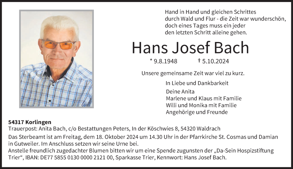  Traueranzeige für Hans Josef Bach vom 12.10.2024 aus trierischer_volksfreund