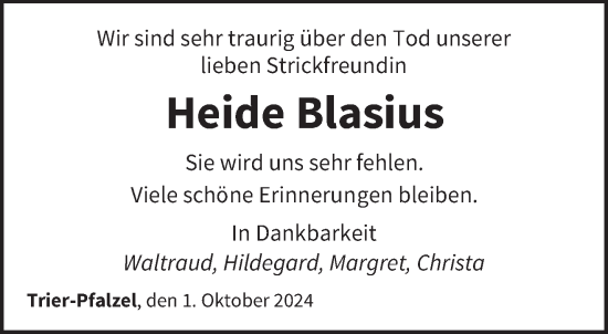 Traueranzeige von Heide Blasius von trierischer_volksfreund