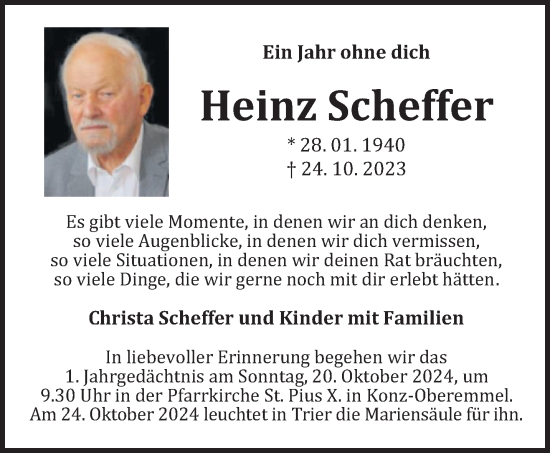 Traueranzeige von Heinz Scheffer von trierischer_volksfreund