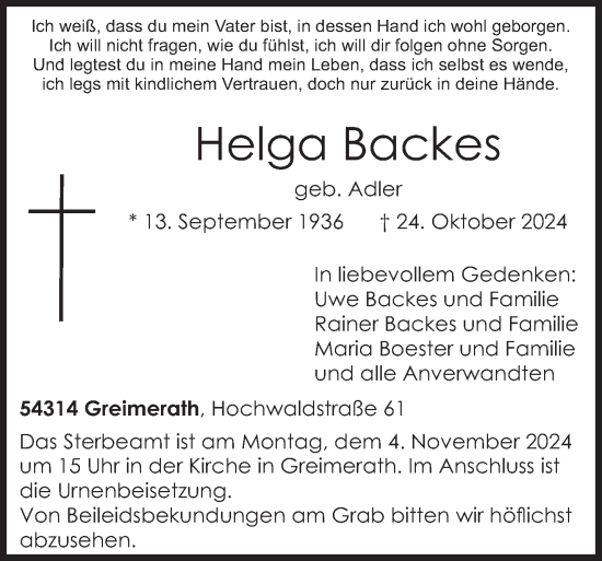 Traueranzeige von Helga Backes von trierischer_volksfreund