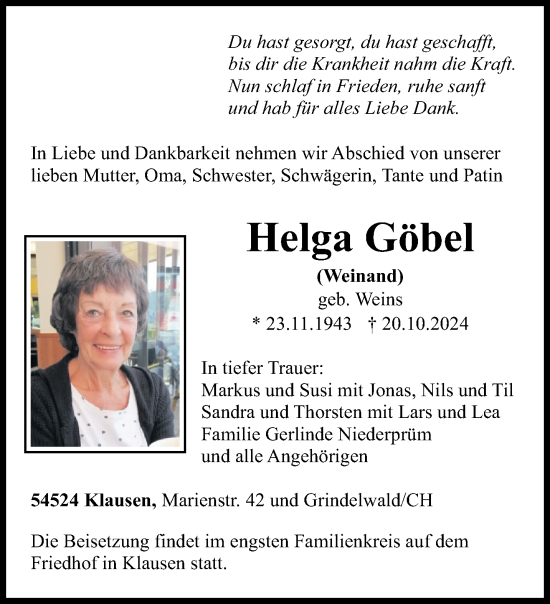 Traueranzeige von Helga Göbel von trierischer_volksfreund