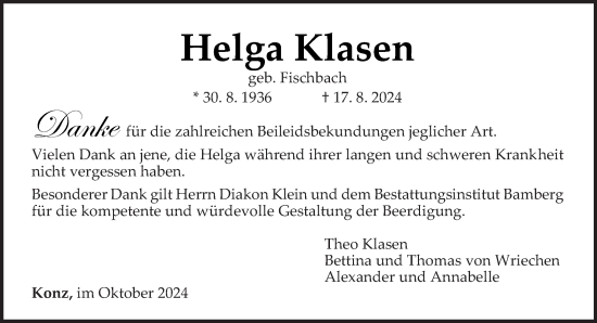 Traueranzeige von Helga Klasen von trierischer_volksfreund