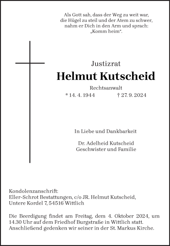 Traueranzeige von Helmut Kutscheid von trierischer_volksfreund