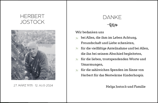 Traueranzeige von Herbert Jostock von trierischer_volksfreund
