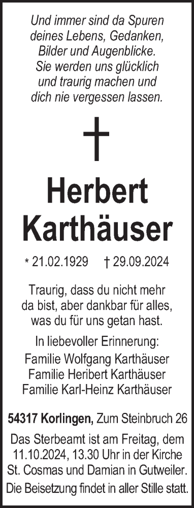 Traueranzeige von Herbert Karthäuser von trierischer_volksfreund