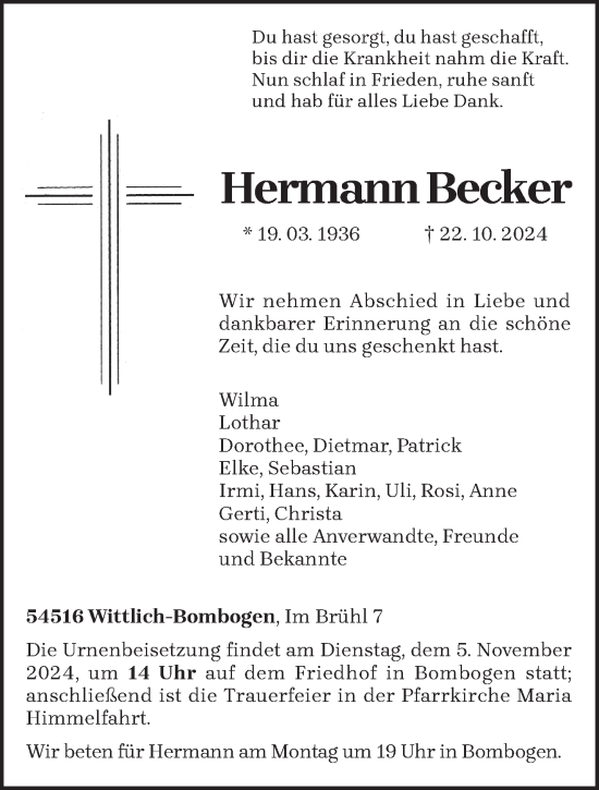 Traueranzeige von Hermann Becker von trierischer_volksfreund