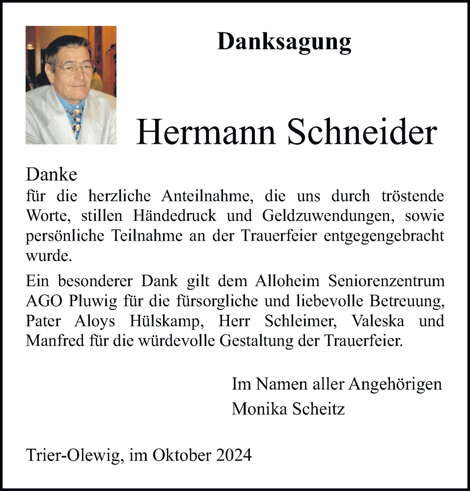  Traueranzeige für Hermann Schneider vom 12.10.2024 aus trierischer_volksfreund