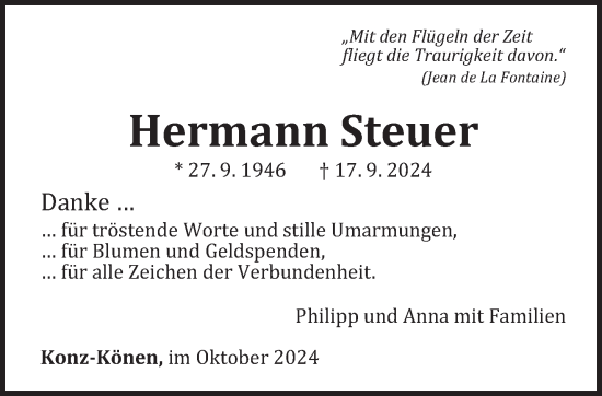 Traueranzeige von Hermann Steuer von trierischer_volksfreund