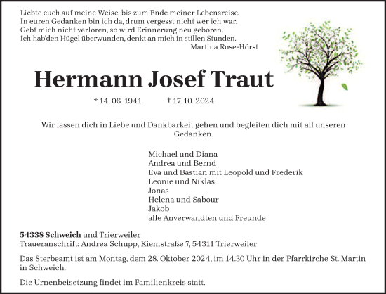 Traueranzeige von Hermann Josef Traut von trierischer_volksfreund