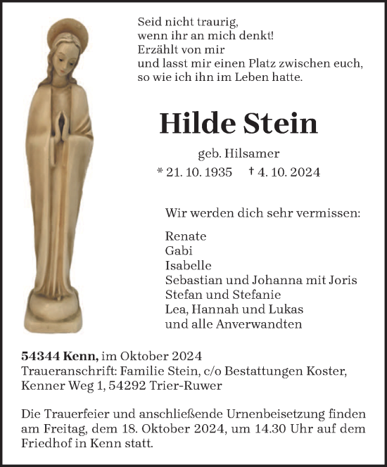 Traueranzeige von Hilde Stein von trierischer_volksfreund