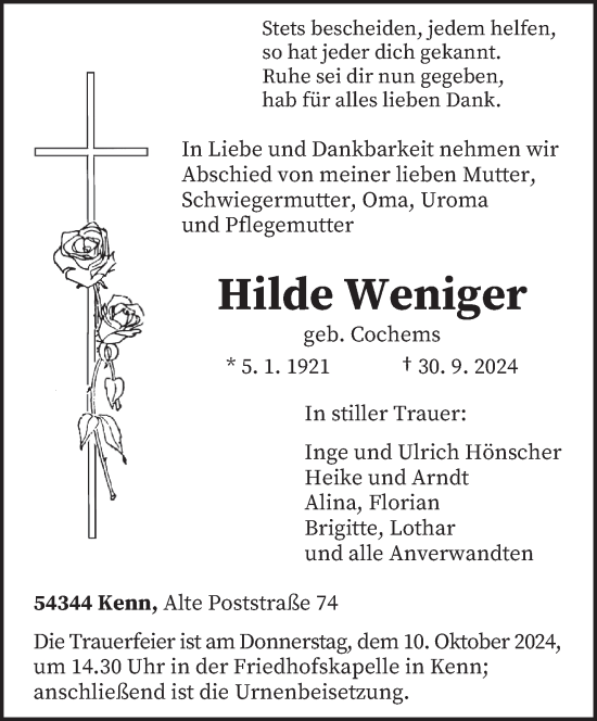 Traueranzeige von Hilde Weniger von trierischer_volksfreund