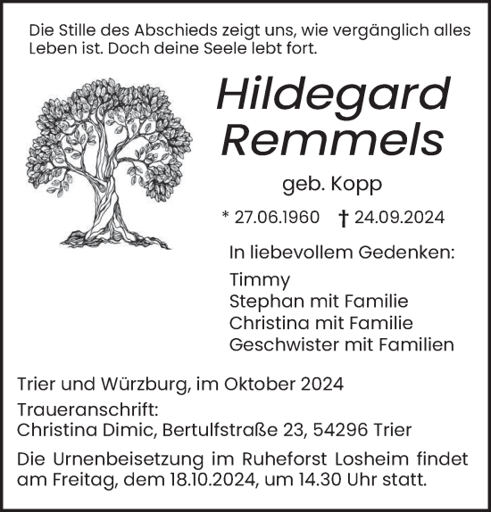 Traueranzeige von Hildegard Remmels von trierischer_volksfreund