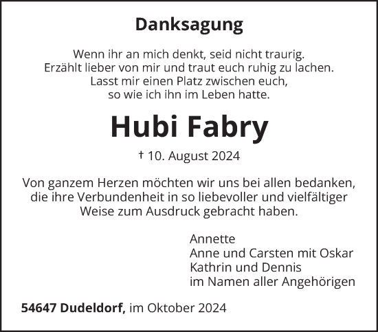Traueranzeige von Hubi Fabry von trierischer_volksfreund