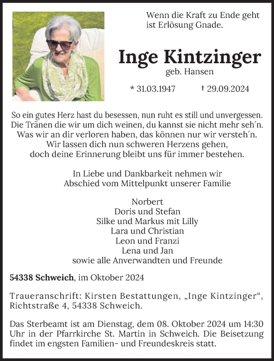 Traueranzeige von Inge Kintzinger von trierischer_volksfreund