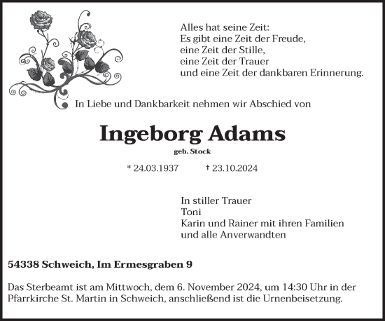 Traueranzeige von Ingeborg Adams von trierischer_volksfreund